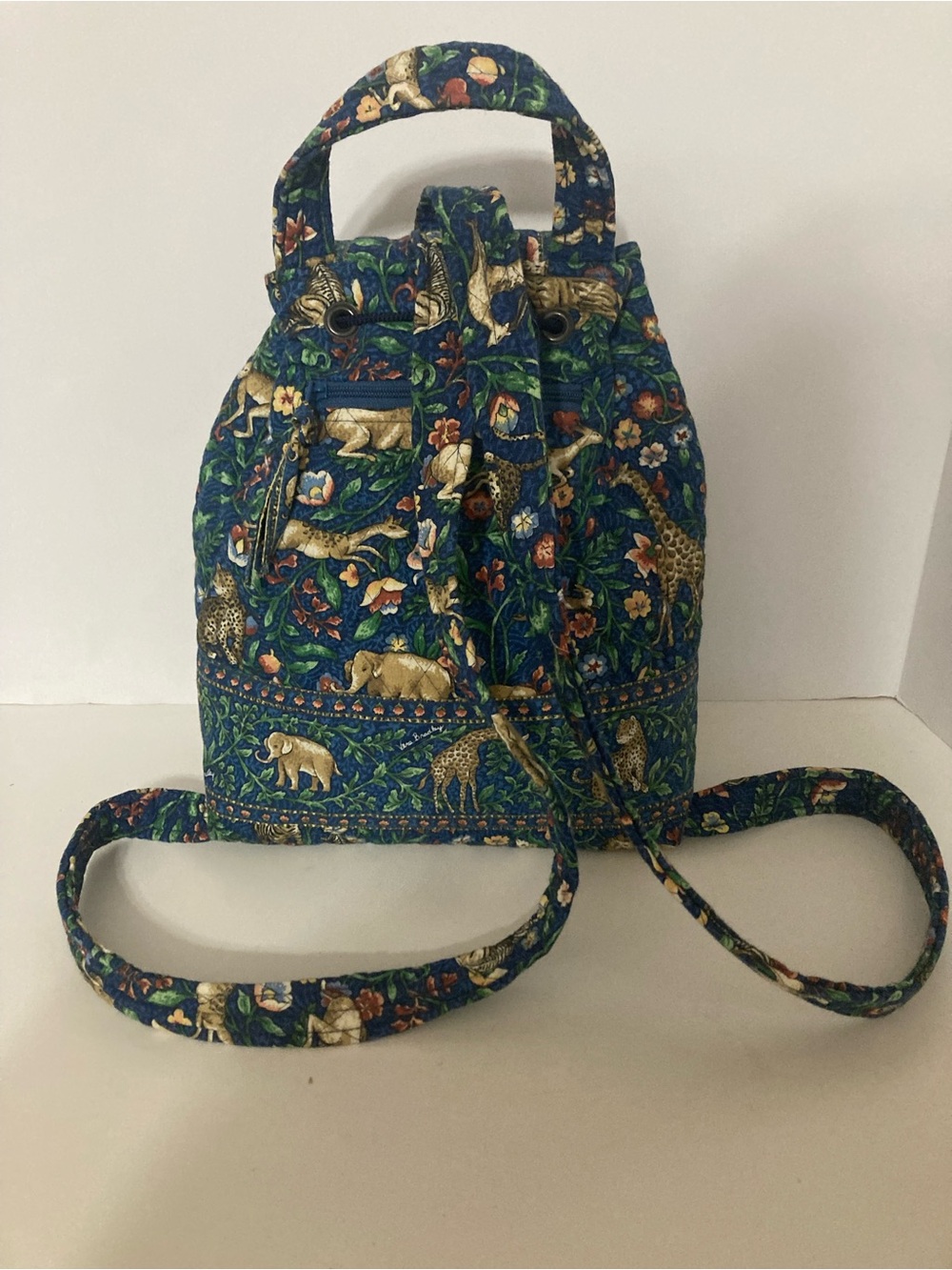 Vera Bradley Navy Floral & Animal Print Quilted Drawstring Backpack. Item# TSbp1 - Picture 5 of 7